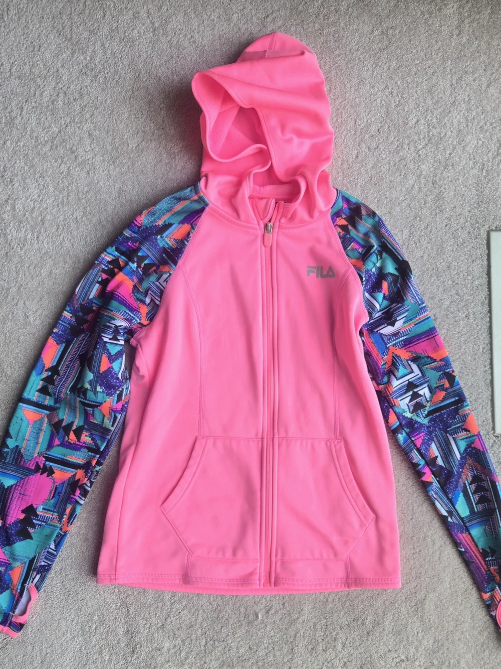 Fila Neon Pink Girls' Zip Hoodie with Multicolor Geo Sleeves
